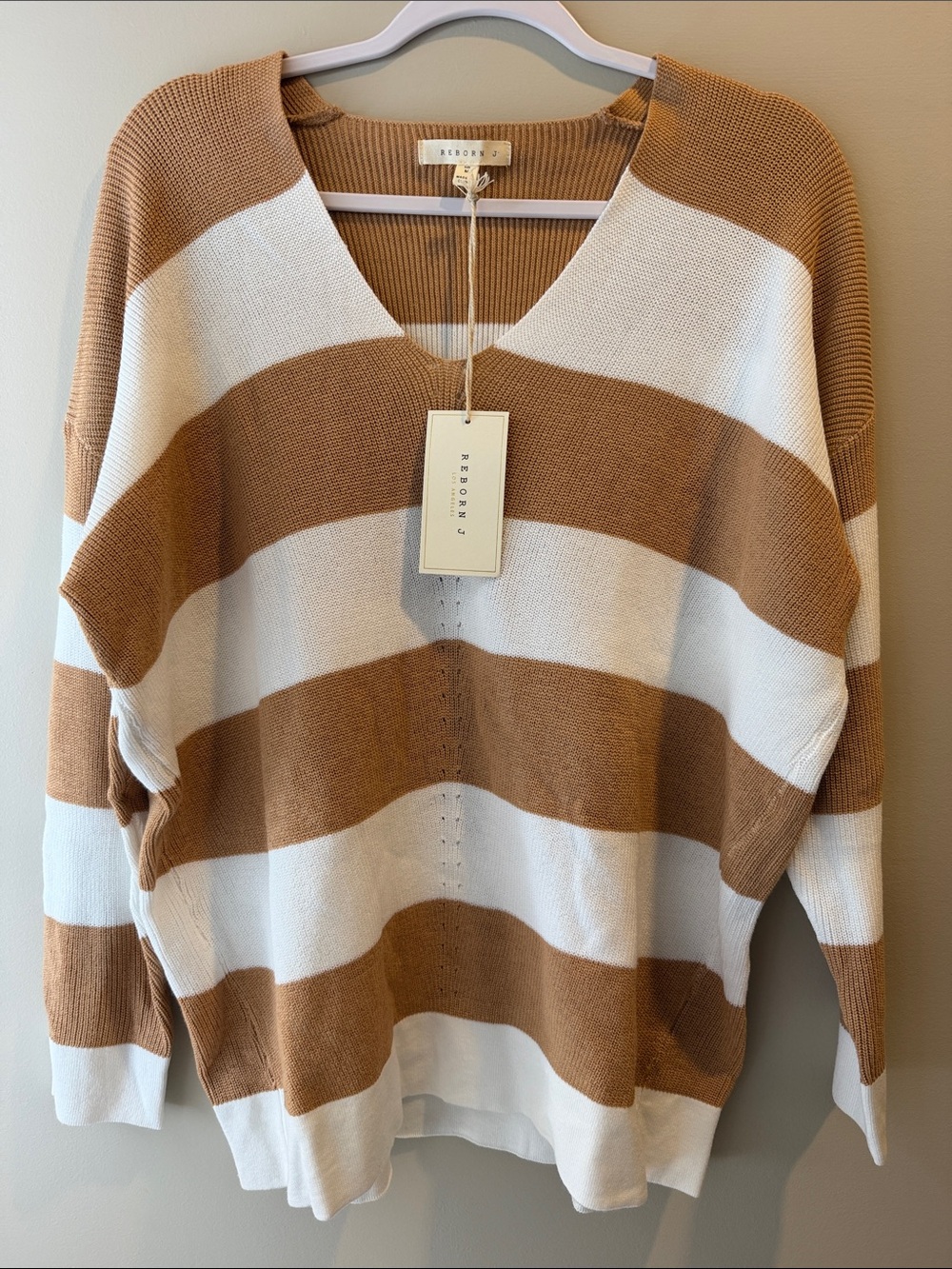 Reborn J Striped Crewneck Sweater in Camel and Ivory, Size M NWT
